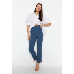 Trendyol Indigo Cigarette Pattern Darted High Waist Ankle Length Woven Fabric Trousers