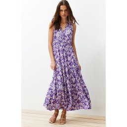 Trendyol Dark Purple Floral A-line V-Neck Sleeveless A-Line Polyester Camisole Maxi Dress