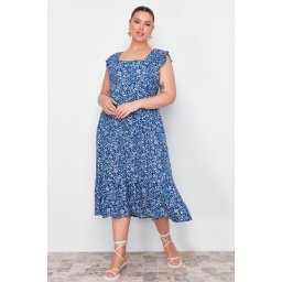 Trendyol Curve Navy Blue A-Line Midi Ruffled Floral Patterned Woven Dress