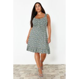 Trendyol Curve Multicolored Floral Patterned Ruffle A-Line Mini Summer Knitted Dress with Bow Collar