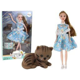 Păpușă Emily Baby cu păr lung și rochie albastră, primăvară, pisicuță