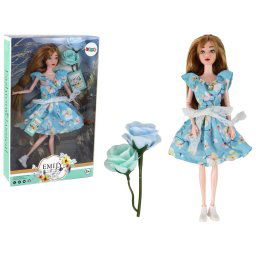 Păpușă Emily Baby, primăvară, păr lung, rochie albastră, floare