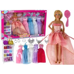 Păpușă bebeluș păr lung blond garderobă pantofi rochii accesorii roz