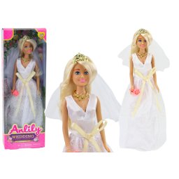 Păpușă Anlily în rochie de mireasă, buchet de mireasă, colier cu coroană