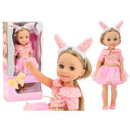 Perie pentru păr lung cu bandă de păr pentru păpușă, rochie roz, 38 cm