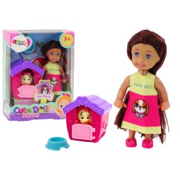 Mini păpușă cu păr lung, rochie colorată, cușcă pentru câini