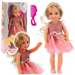 Păpușă în rochie cu fundă, păr lung, roz, pieptene, 38 cm