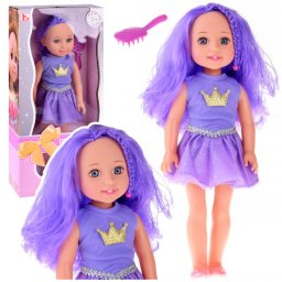 Păpușă în rochie cu coroană, păr lung, perie violetă, 38 cm
