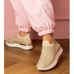 marka niezdefiniowana Beige women's platform sneakers with rhinestones Luizet
