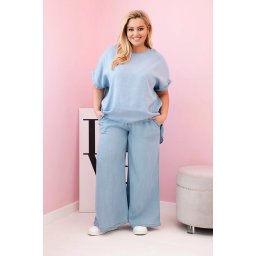 Kesi Włoski Plus Size women's set made of Tencel blouse and tie-waist pants light denim