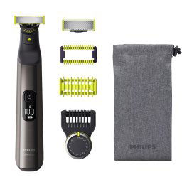 Aparat hibrid de barbierit, tuns barba si parul corporal Philips OneBlade Pro QP6551/30, pieptene cu 14 lungimi, lama inovatoare 360 cu 2 taisuri, afisaj digital LED, pieptene corp, reincarcabil, autonomie 120 min, umed si uscat, husa, Crom