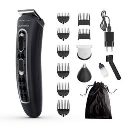 Aparat de tuns parul si barba Rowenta - Karl Lagerfeld Trim Style 12 in 1 TN911LF0, autonomie 120 min, capat pentru barba cu 2 piepteni, capat pentru par cu 6 piepteni, accesoriu nas-urechi, 6500 rpm, kit curatare-intretinere, husa,Negru-Gri