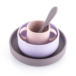 Set 4 piese vesela din silicon pentru mancarea copiilor (farfurie, castron, canuta, lingurita), fara bpa, lavabile in masina de spalat vase, de la 6 luni, mov, reer 25124