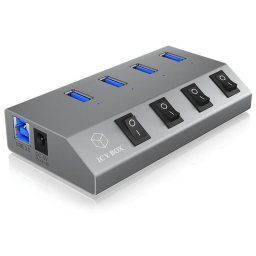Hub USB Icy Box, 4 porturi, USB 3.0, Butoane ON/OFF, Gri
