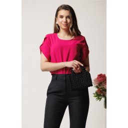 Bluza DY Fashion fucsia lejera din voal cu perle la decolteu
