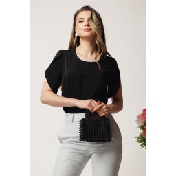 Bluza DY Fashion neagra lejera din voal cu perle la decolteu