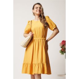 Rochie midi galbena in clos din viscoza cu volan la baza- Moze