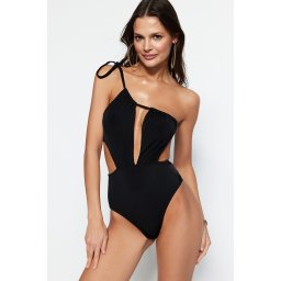 Trendyol Black One-Shoulder Cut Out/Window High Leg Swimsuit