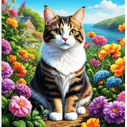 Tablou GM934 Goblen Diamante Patrate, cu rama, 50 x 40 cm, Pisica intre flori
