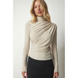 Happiness İstanbul Women's Cream Gathered Detailed High Neck Sandy Blouse