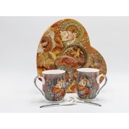 Set cadou 2 cani 350 ml si lingurite cu picturi Alphonse Mucha cafeniu in cutie inimia