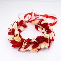 Coroniță din flori uscate – model reglabil, cromatică roșu-alb - AMB506001