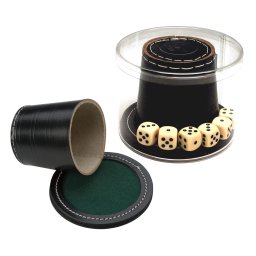 Cupa zaruri piele neagra + capac + zaruri 9 cm