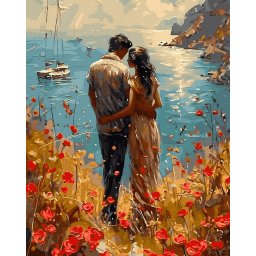 Set pictura pe numere, cu sasiu, Maci si mare, 40x50 cm
