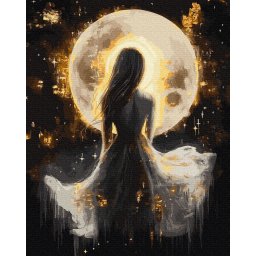 Set pictura pe numere, cu sasiu, Fata si luna - culori aurii, 40x50 cm