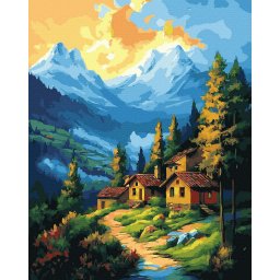 Set pictura pe numere, cu sasiu, Satuc montan, 40x50 cm