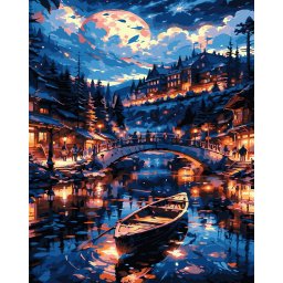 Set pictura pe numere, cu sasiu, Barca si luna, 40x50 cm