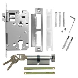 Pachet broasca Y50/50/38 reversibila pentru usi interioare si cilindru 68 mm centrat tip fluture, nichelat