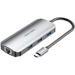 Docking Station Vention, HDMI(M), 3xUSB 3.2 gen1, RJ-45, PD 100W, conec prin USB-C(T), rata transfer 5Gbps, aliaj Al/ABS, retea 1 Gbit, 4K/30Hz, argintiu TOHHB (timbru verde 0.18 lei)-6922794754737