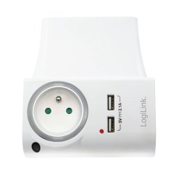 ADAPTOR LOGILINK, Socket tip E x 1, USB x 2 5V/2.1A, 230V, 50 Hz, max. 16A, IP20, suport telefon/tableta, iluminare LED, alb PA0166 (include TV 0.18lei)