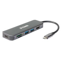 HUB extern D-LINK, porturi 2xSuperSpeed USB 3.0, 1xUSB-C with data sync & PD-60W,1xHDMI 4k,Dual-Slot SD/microSD/SDHC/SDXC Card Reader, conec USB-C,cablu 10 cm,met,arg DUB-2327 (timbru verde 0.8lei)