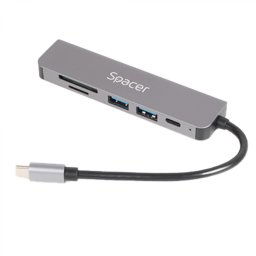 DOCKING Station Spacer universal 6 in 1, conectare Type-C, USB 3.0 x 2 PD 3.0 x 1 (87W), porturi video HDMI x 1, 4K (30Hz),SD card x 1, TF (MicroSD card) x 1, gri, Aluminiu, SPDS-TypeC-HUPS-6in1 (timbru verde 0.18 lei)