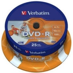 DVD-R VERBATIM 4.7GB, 120min, viteza 16x, 25 buc, Single Layer, spindle, printabil, Wide Inkjet Printable 43538