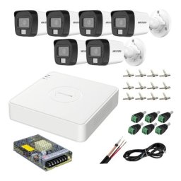Sistem supraveghere analog Hikvision, 6 camere 5MP dual light audio, DVR 8 canale 3K, accesorii