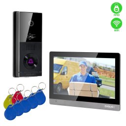 Kit interfon video Evolveo DoorPhone AHD10, WiFi pentru acasa cu control al usii si RFID, monitor de 10”, 32GB, Negru-Argintiu