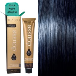 Vopsea de par cu 12 uleiuri hranitoare si putin amoniac Dousse Tassel nr 1.1, Negru Albastrui 100 ml