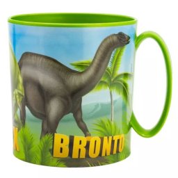 Cana din plastic cu model de dinozaur, potrivită pentru microunde.