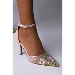 Pantofi Bellanova piele naturala roz cu toc mic evazat si broderie