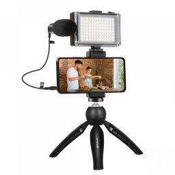 Puluz set de înregistrare live trepied + lumină LED + microfon + clemă pentru telefon PKT3132B