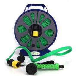 Set pentru stropit furtun textil flexibil 15m cu tambur pistol de pulverizat 7 in 1