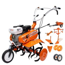 Motosapa Ruris DAC 7000acc4, 7 CP, roti cauciuc 4.00-8, rarita, plug, adaptor, dispozitiv scos cartofi, roti metalice 400 fara manicot, cultivator, remorca Ruris 450s