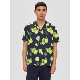 s.Oliver Camasa barbati cu maneca scurta, imprimeu cu lime, Regular fit, Bleumarin inchis (SELECTATI MARIMEA: XL)