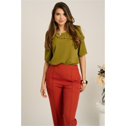 Bluza verde olive din viscoza lejera cu volanas pe bust
