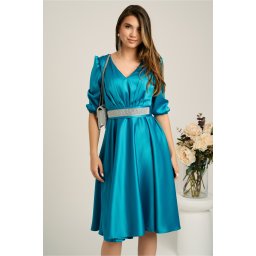 Rochie midi turcoaz din tafta in clos cu cordon in talie- Ella Collection Aria