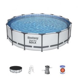 Piscina structura metalica, rotunda, cu filtru, pompa, scara, prelata acoperire, alb si gri, 457x107 cm, Bestway Steel Pro GartenVIP DiyLine