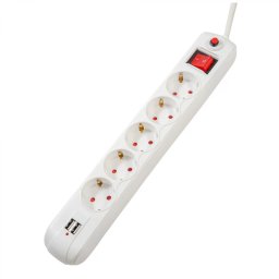 PRELUNGITOR SPACER, Schuko x 5, conectare prin Schuko (T), USB x 2, cablu 4.5 m, 16 A, max. 3500W, protectie supratensiune, alb, 45506868 PP-5-45 USB (timbru verde 0.18 lei)